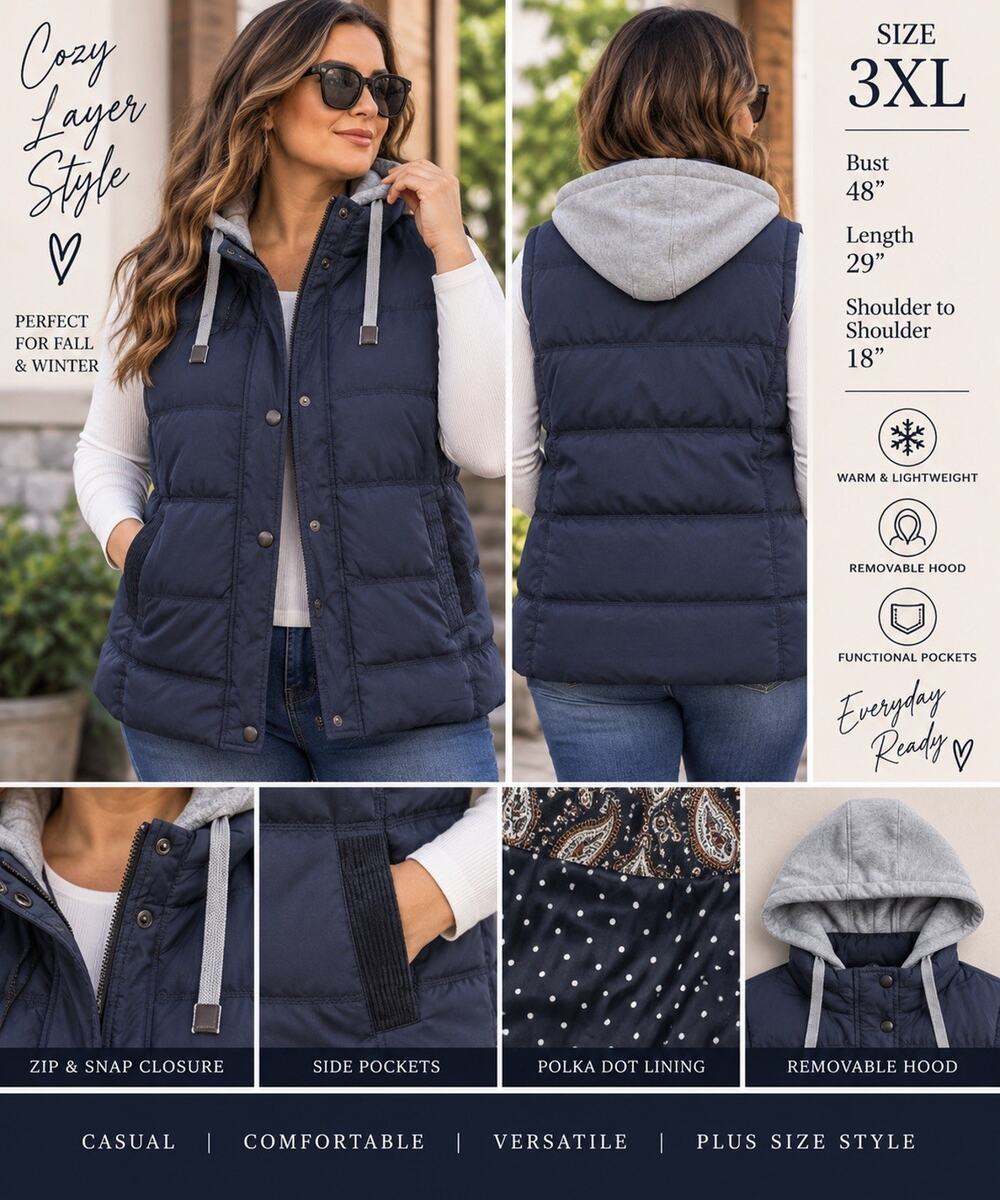Womenβs 3XL Navy Puffer Hoodie Vest Removable Hood Zip Snap Quilted Plus Size